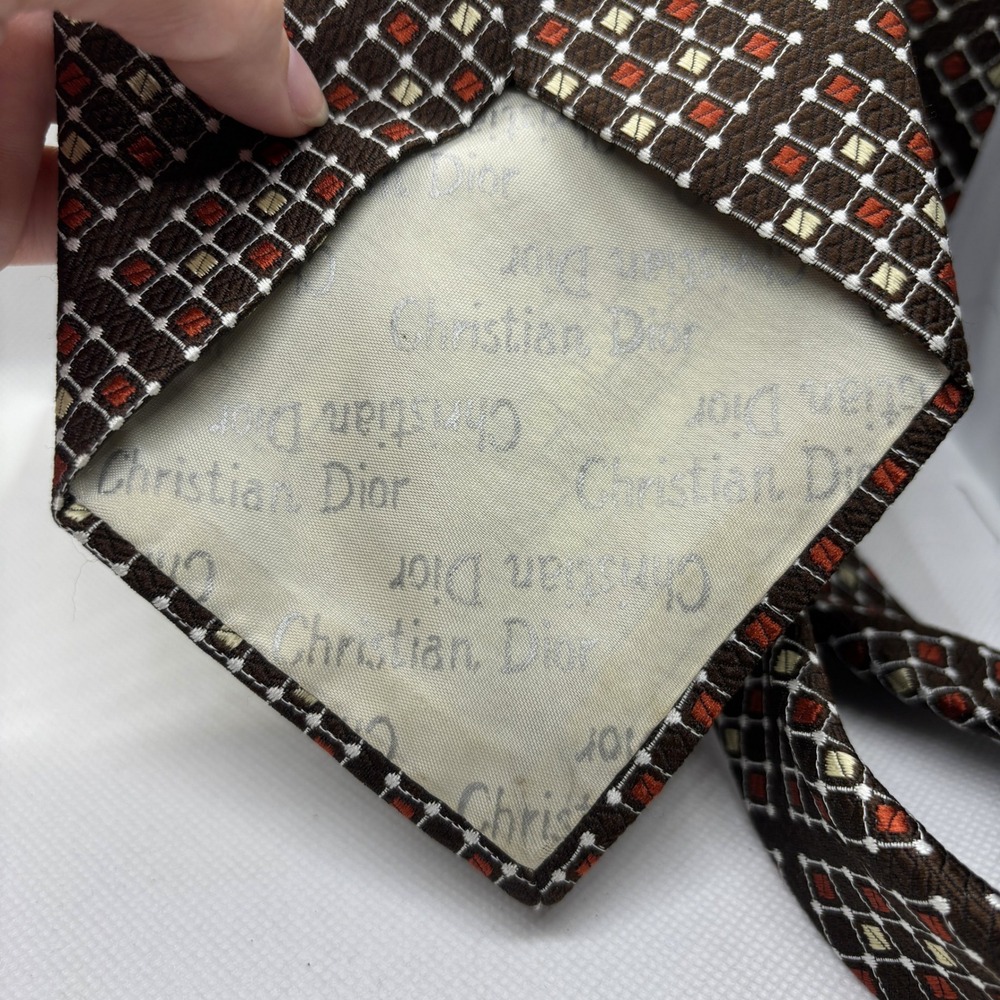 Christian Dior Necktie Brown Geometric Diamond Pattern Men's Tie 70s Disco Retro - Picture 7 of 8